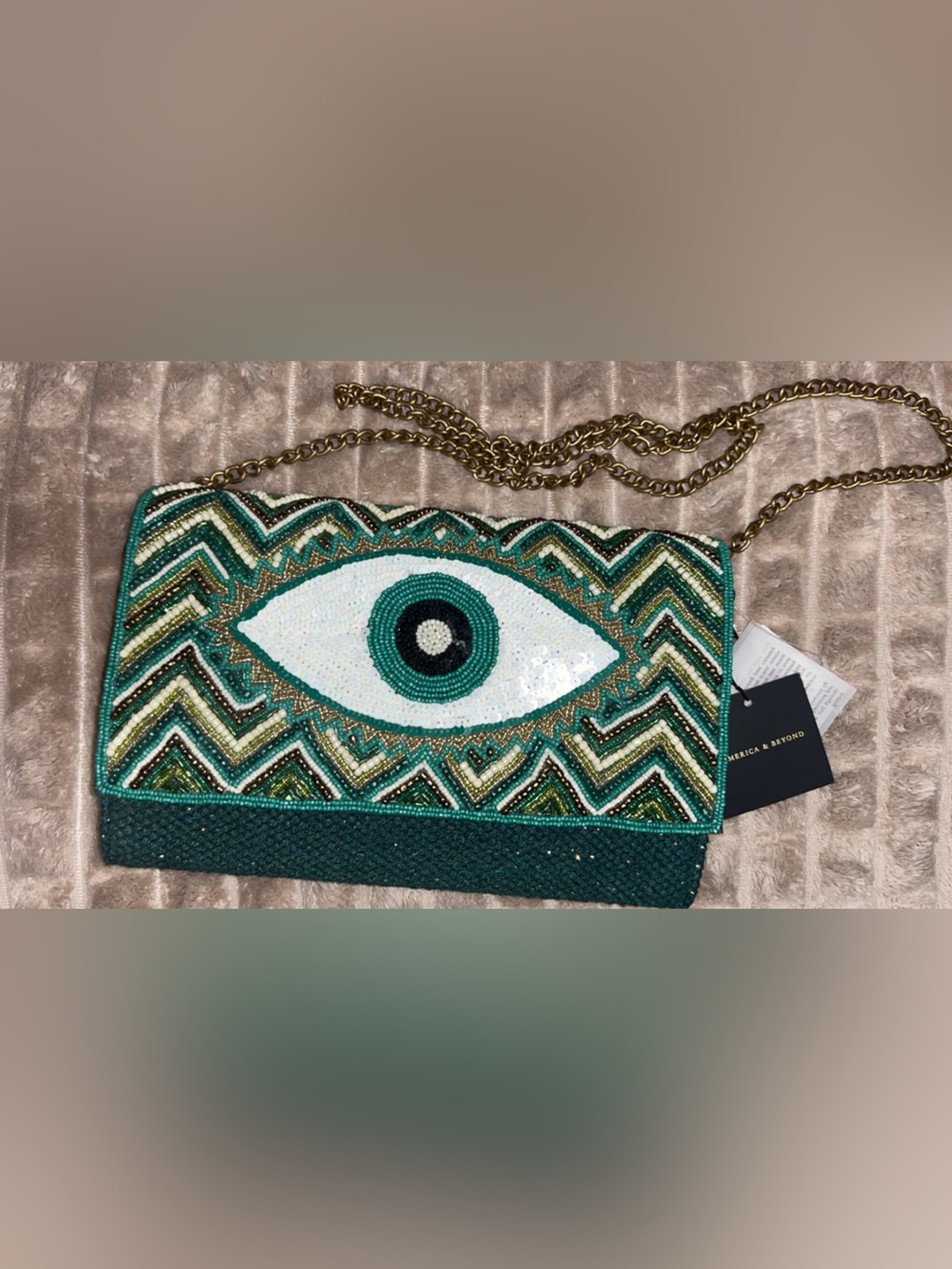 NWT America & Beyond Beaded Teal Evil Eye Crossbody Clutch - gold chain strap